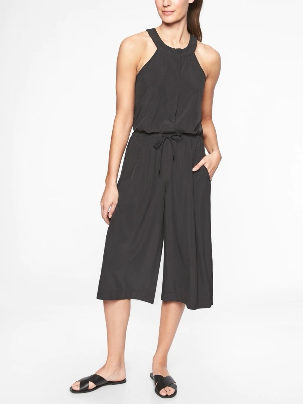 Athleta Mercer Romper Jumpsuit Bermuda Capri Length wide leg breathable 6 black